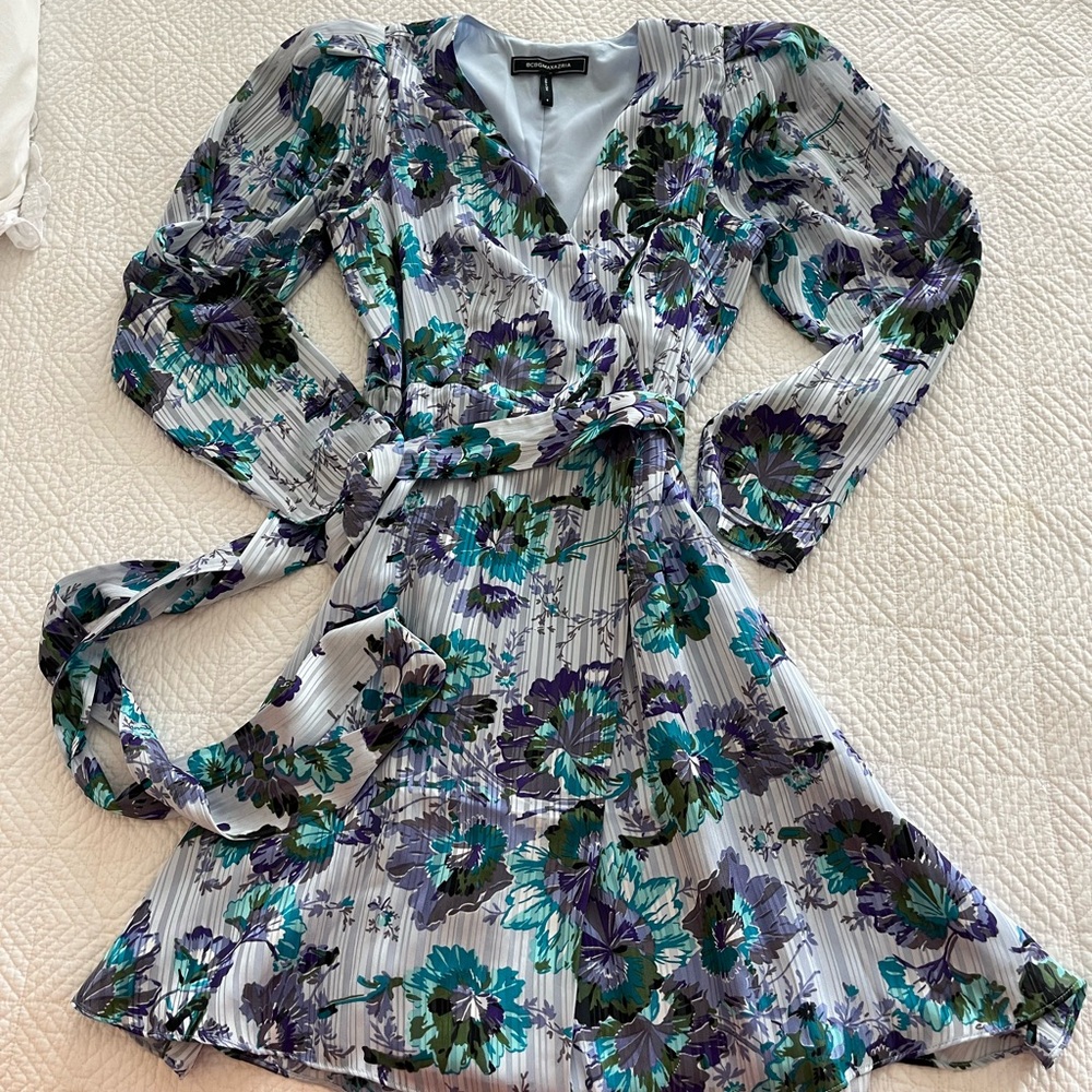 BCBGMaxAzria Blue and Black Fit and Flare Long Sleeve Dress